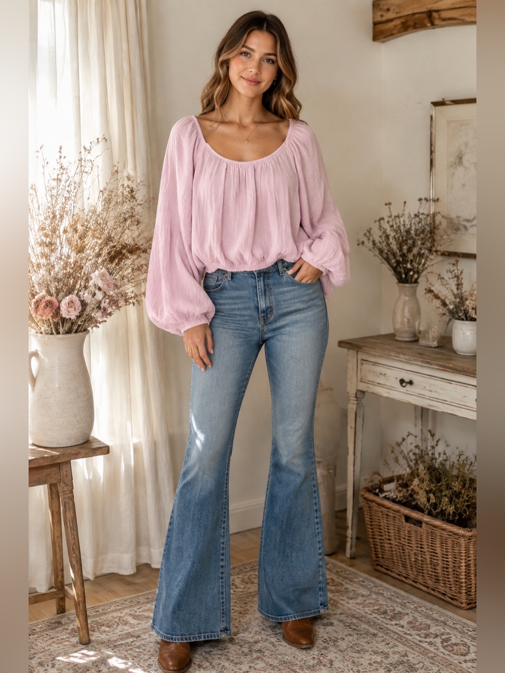 Free People Pink Gauze Balloon Sleeve Peasant Top Size XS
